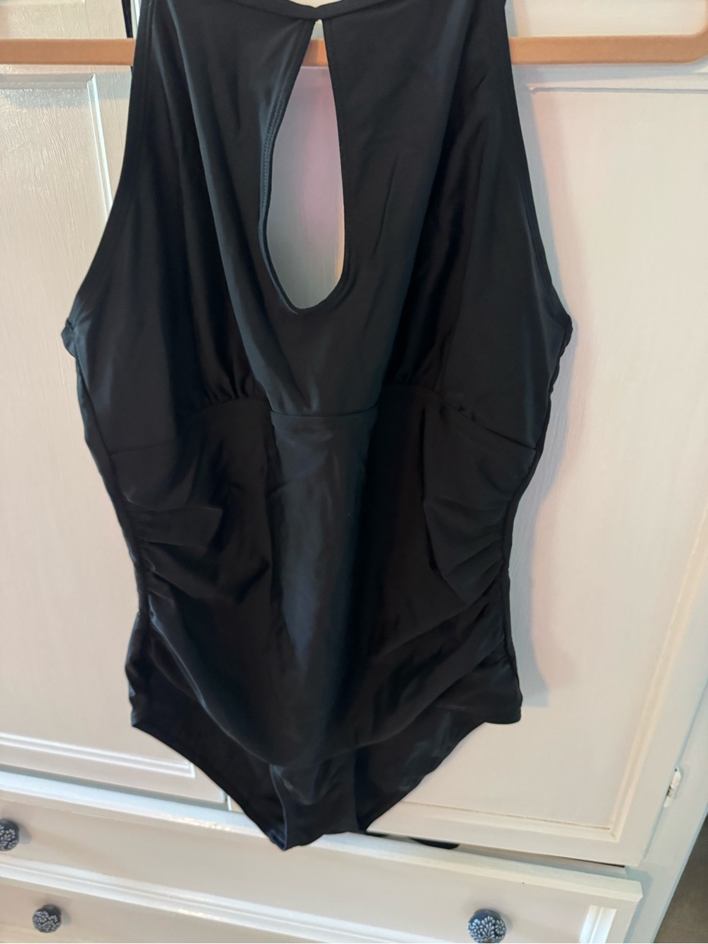 Black One-Piece Swimsuit with Tag Showing Size 14